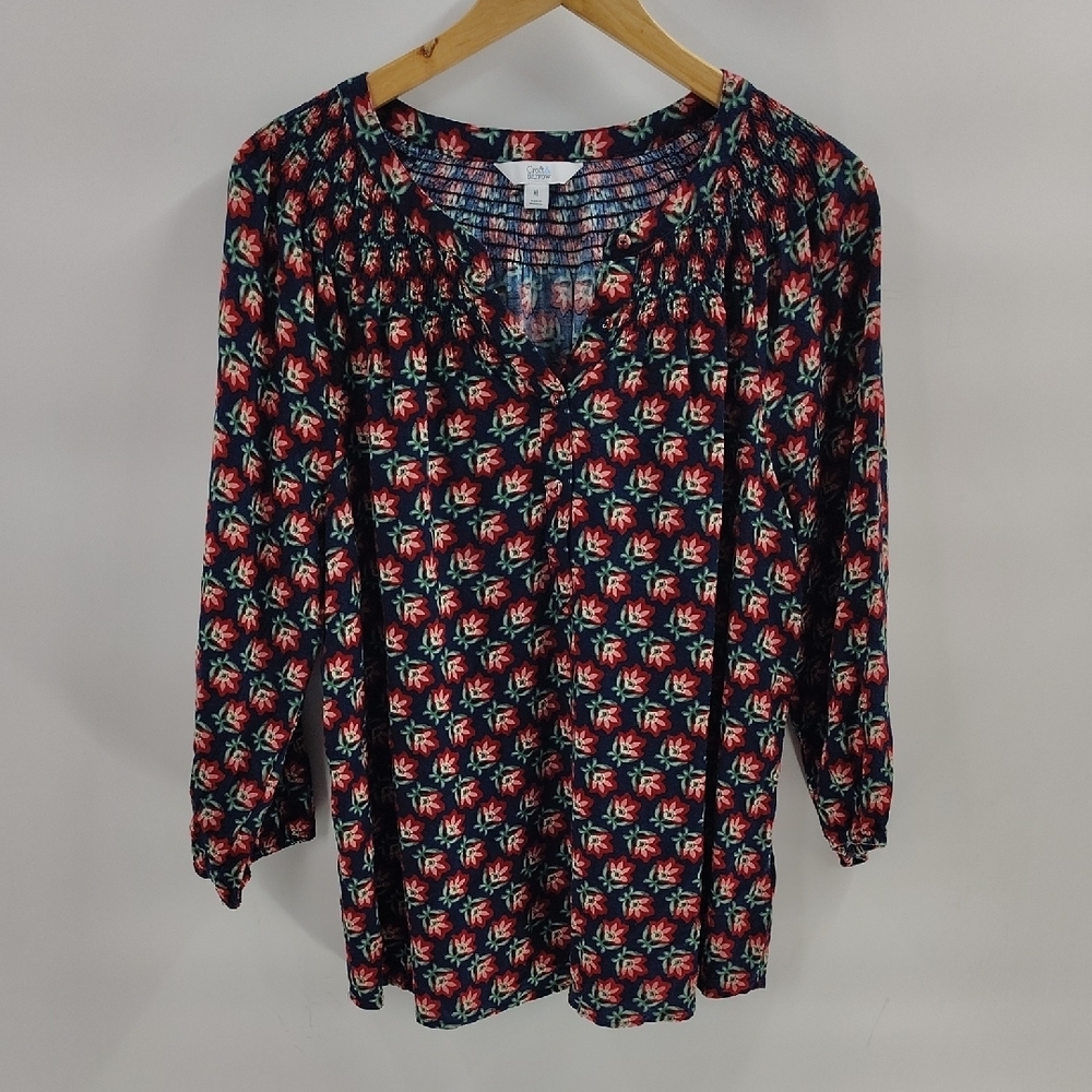 Croft & Barrow Blouse Size XL navy Pink Floral 3/4 Sleeve 1/4 Button